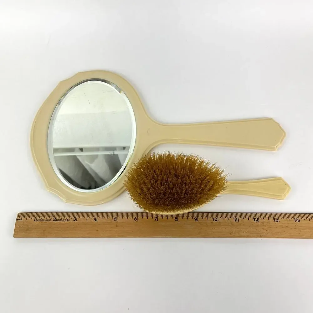 Art Deco Vanity Beveled Mirror and Brush Set Pyralin Bakelite